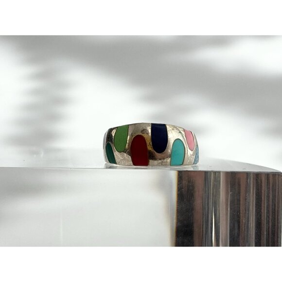 Mosaic Multi Gemstone Inlay Unusual 925 Sterling Silver Vintage Ring - sz 7 - Picture 10 of 11